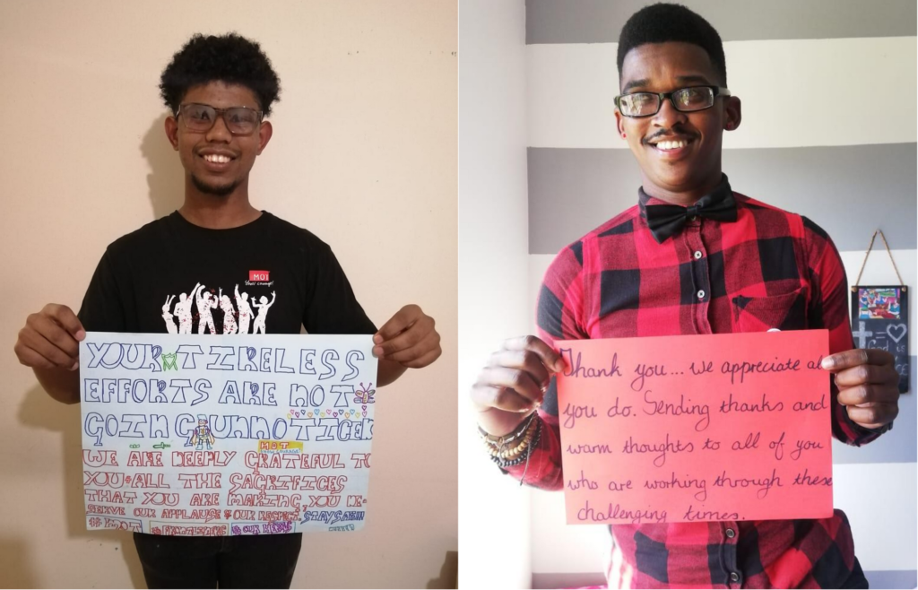 MOT Youth showing their thanks to frontliners with words of thanks on paper